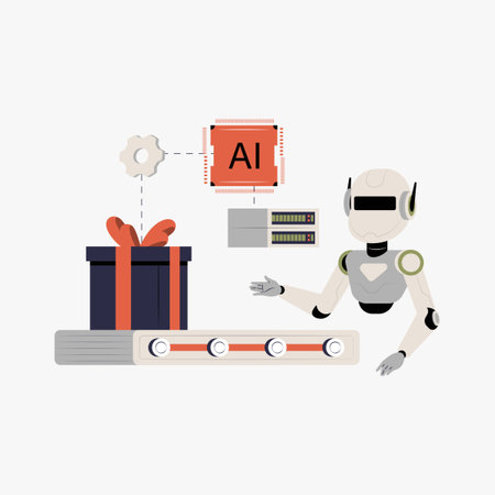 Robot managing AI chip and conveyor belt in flat vector illustration symbolizing artificial intelligence, automation, and machine learning, isolated on white background.のイラスト素材