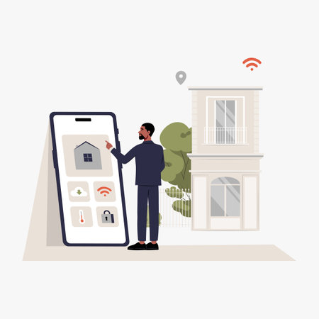Businessman using smart home app on large smartphone screen in flat vector illustration symbolizing home automation, technology, and smart living, isolated on white background.のイラスト素材
