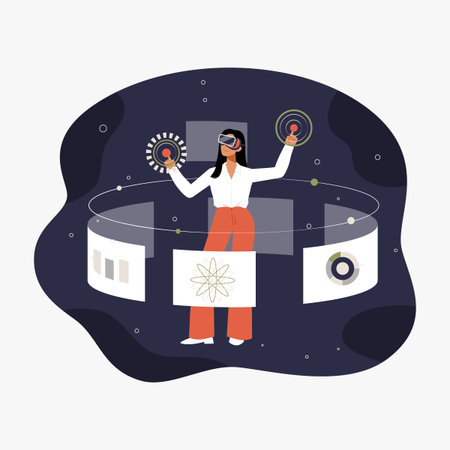 Female character using virtual reality interface in flat vector illustration symbolizing technology,...