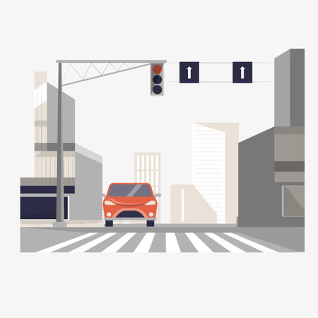 Red car at a city crosswalk with traffic lights in flat vector illustration symbolizing urban transportation, commuting, and road safety, isolated on white background.のイラスト素材