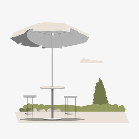Patio furniture under a large sun umbrella in flat vector illustration symbolizing outdoor leisure, relaxation, and recreation, isolated on white background.のイラスト素材