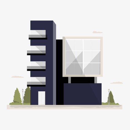 Modern office building in flat vector illustration symbolizing corporate infrastructure, architecture, and business offices, isolated on white background.のイラスト素材