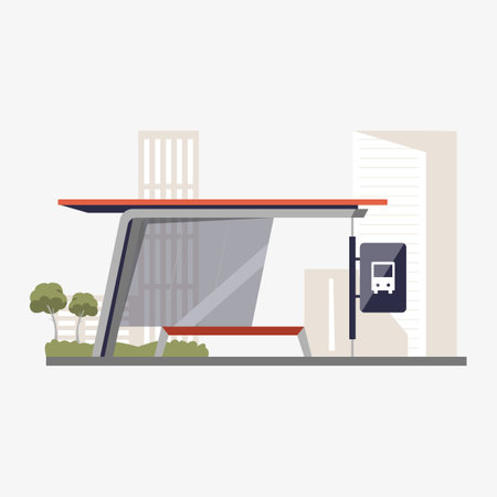 Modern bus stop with bench and cityscape in flat vector illustration symbolizing urban transport, waiting area, and public infrastructure, isolated on white background.のイラスト素材