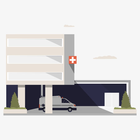 Hospital building with ambulance in flat vector illustration symbolizing healthcare, emergency services, and medical support, isolated on white background.のイラスト素材
