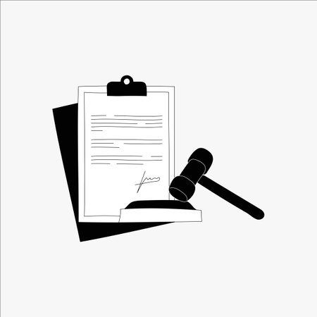 Gavel and clipboard in flat vector illustration symbolizing legal decision making, law, and court documentation, isolated on white background.のイラスト素材