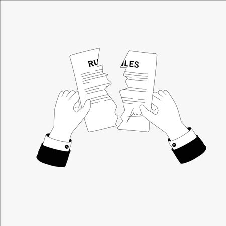 Hands tearing a rules document in flat vector illustration symbolizing defiance, breaking rules, and legal consequences, isolated on white background.のイラスト素材