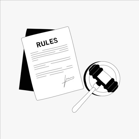 Rules document and gavel in flat vector illustration symbolizing legal regulations, laws, and justice, isolated on white backgroundのイラスト素材