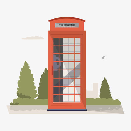 Red telephone booth in flat vector illustration symbolizing communication, classic phone services, and retro design, isolated on white background.のイラスト素材