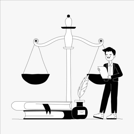Male lawyer with scales and legal documents in flat vector illustration symbolizing legal consultation, judgment, and justice, isolated on white backgroundのイラスト素材