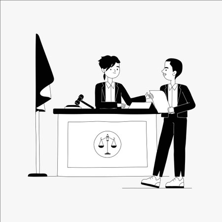 Two male lawyers discussing legal matters in a courtroom in flat vector illustration symbolizing courtroom discussion, legal argument, and justice, isolated on white background.のイラスト素材