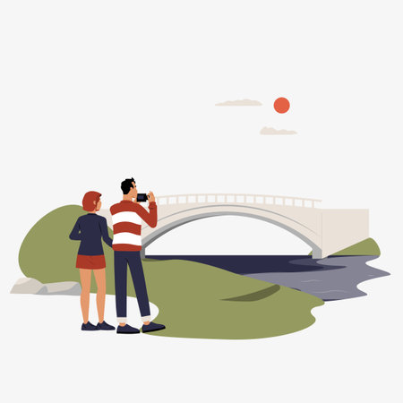 Tourists taking photos near a bridge in flat vector illustration symbolizing travel, sightseeing, and tourism, isolated on white background.のイラスト素材