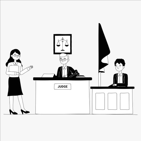Courtroom scene with judge, lawyer, and male client in flat vector illustration symbolizing justice, legal proceedings, and professional law service, isolated on white background.のイラスト素材