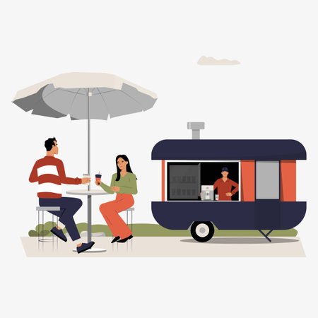 Food truck with male and female enjoying meal at outdoor seating area in flat vector illustration symbolizing street food, casual dining, and outdoor leisure, isolated on white background.のイラスト素材