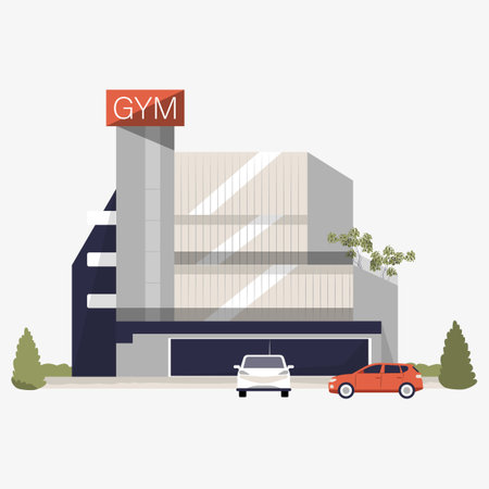 Gym building with cars parked outside in flat vector illustration symbolizing fitness, health, urban lifestyle, and sports facilities, isolated on white background.のイラスト素材