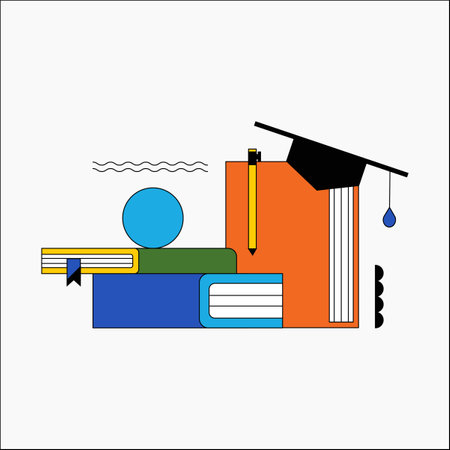 Stack of books with graduation cap and pencil in flat vector illustration symbolizing knowledge, education, and academic achievement, isolated on white background.のイラスト素材