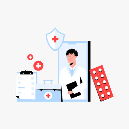 Online Healthcare. Male doctor with medical supplies and clipboard in flat vector illustration symbolizing healthcare services, medication, and telemedicine, isolated on white background.のイラスト素材