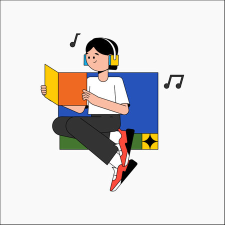 Male listening to music in flat vector illustration symbolizing relaxation, entertainment, and leisure activities, isolated on white background.のイラスト素材