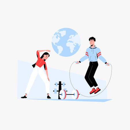 Man and woman exercising with jump rope and weights in flat vector illustration symbolizing fitness, physical activity, and health, isolated on white background.のイラスト素材