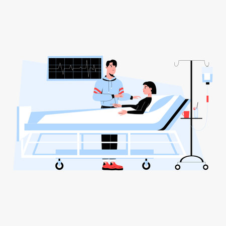 Male visitor with female patient in hospital bed, flat vector illustration symbolizing care, support, and recovery, isolated on white background.のイラスト素材