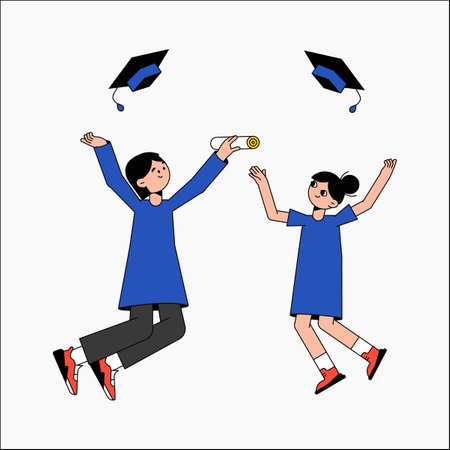 Boy and girl graduates jumping with diploma and caps in flat vector illustration symbolizing graduation, celebration, and academic achievement, isolated on white background.のイラスト素材