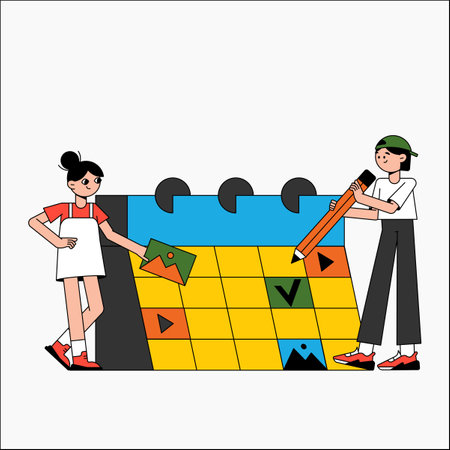 Male and female team planning tasks on a large calendar in flat vector illustration symbolizing project management, teamwork, and scheduling, isolated on white background.のイラスト素材