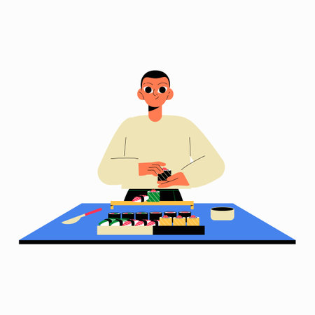 Sushi chef preparing sushi rolls in flat vector illustration symbolizing Japanese cuisine, sushi preparation, and food presentation, isolated on white backgroundのイラスト素材