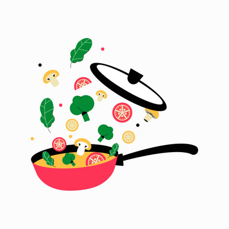 Pan with flying vegetables and lid in flat vector illustration symbolizing cooking, healthy food, and culinary creativity, isolated on white background.のイラスト素材