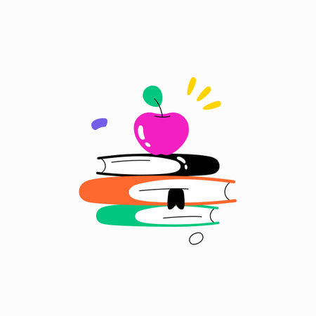 Apple on stacked books in flat vector illustration symbolizing knowledge, education, and healthy learning, isolated on white background.のイラスト素材