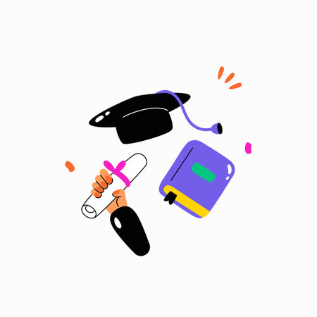 Graduation cap, diploma, and textbook in flat vector illustration symbolizing academic success, education, and accomplishment, isolated on white background.のイラスト素材