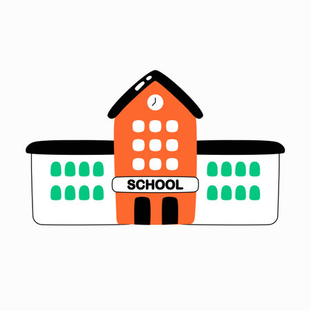 School building in flat vector illustration symbolizing education, learning, and academic environment, isolated on white background.のイラスト素材