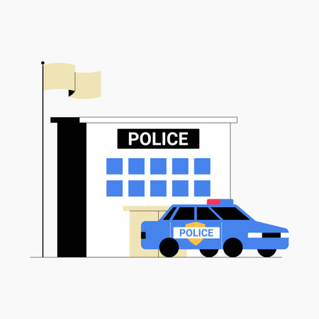 Police station with a patrol car in front in flat vector illustration symbolizing law enforcement, safety, and public service, isolated on white background.のイラスト素材
