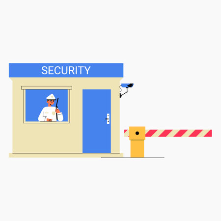 Security booth with male security guard holding radio in flat vector illustration symbolizing safety, control, and protection, isolated on white background.のイラスト素材