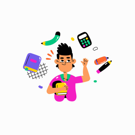 Boy holding books with school supplies in flat vector illustration symbolizing education, learning, and study habits, isolated on white background.のイラスト素材