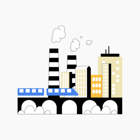 Industrial cityscape with train on a bridge and smoke stacks in flat vector illustration symbolizing industry, transportation, and urban infrastructure, isolated on white background.のイラスト素材