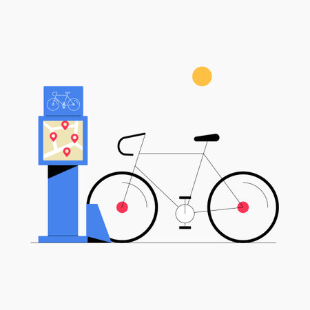 Bike with navigation kiosk in flat vector illustration symbolizing urban transportation, cycling, and way finding, isolated on white background.のイラスト素材