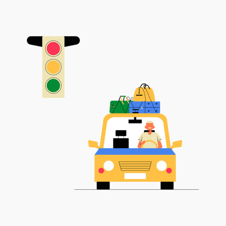 Car with luggage and traffic light in flat vector illustration symbolizing road trip, travel, and adventure, isolated on white background.のイラスト素材