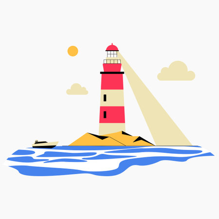 Lighthouse on a coastal island in flat vector illustration symbolizing navigation, guidance, and maritime safety, isolated on white background.のイラスト素材