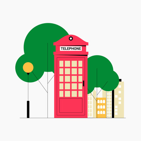 Telephone booth in an urban park setting in flat vector illustration symbolizing communication, nostalgia, and city infrastructure, isolated on white background.のイラスト素材