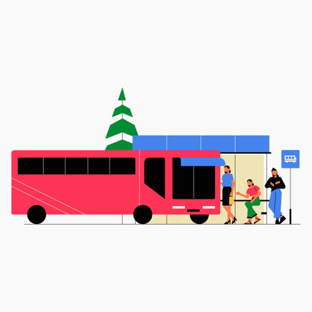 Bus arriving at bus stop with passengers in flat vector illustration symbolizing public transportation, commuting, and urban travel, isolated on white background.のイラスト素材