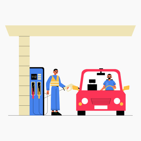 Gas station with two male characters in flat vector illustration symbolizing refueling and travel services, isolated on white background.のイラスト素材