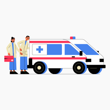 Ambulance with medical team in flat vector illustration symbolizing emergency services, healthcare, and medical aid, isolated on white backgroundのイラスト素材