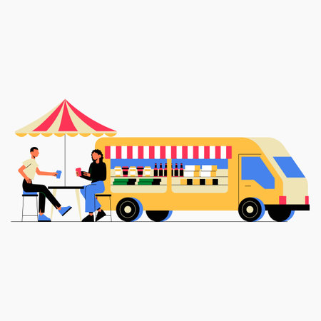 Food truck with male and female customers seated outdoors in flat vector illustration symbolizing street food, dining, and casual social interaction, isolated on white backgroundのイラスト素材