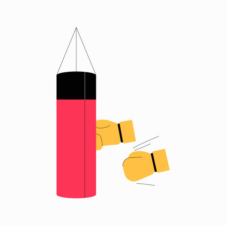 Boxing gloves punching a hanging bag in flat vector illustration symbolizing combat training, fitness, and sports, isolated on white background.のイラスト素材