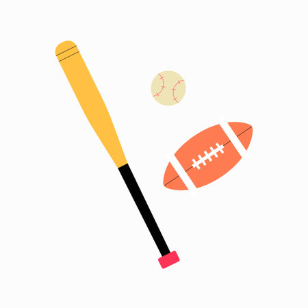 Baseball bat with ball and football in flat vector illustration symbolizing sports, athletic games,...