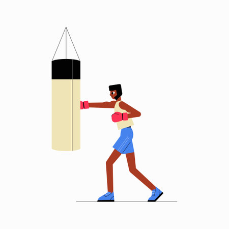 Male boxer training with punching bag in flat vector illustration symbolizing fitness, strength, and combat sports, isolated on white background.のイラスト素材