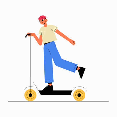 Male on scooter enjoying ride symbolizing mobility, outdoor fun, and transport in flat vector illustration, isolated on white background.のイラスト素材