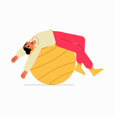 Woman lying on exercise ball in flat vector illustration symbolizing relaxation, stretching, and fitness, isolated on white background.のイラスト素材
