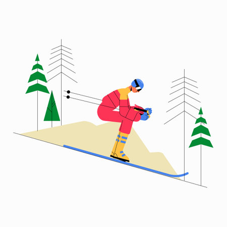 Female skier on slope in flat vector illustration symbolizing speed, winter sports, and outdoor adventure, isolated on white background.のイラスト素材