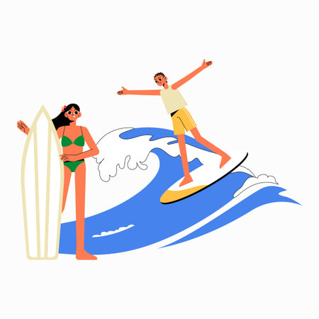 Surfing man on wave and beach woman with surfboard in flat vector illustration symbolizing adventure, sport, and beach fun, isolated on white background.のイラスト素材