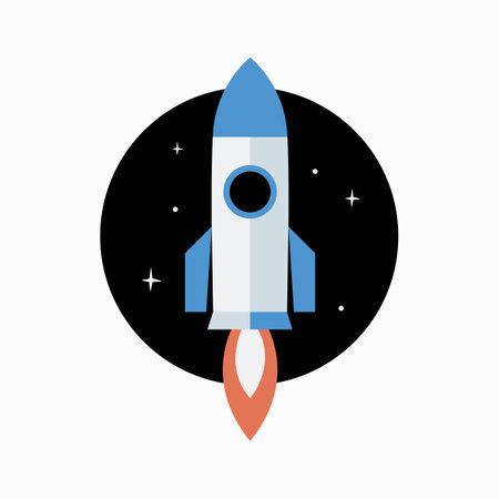 Rocket ship in flat vector illustration symbolizing innovation, technology, and exploration, isolated on white background.のイラスト素材